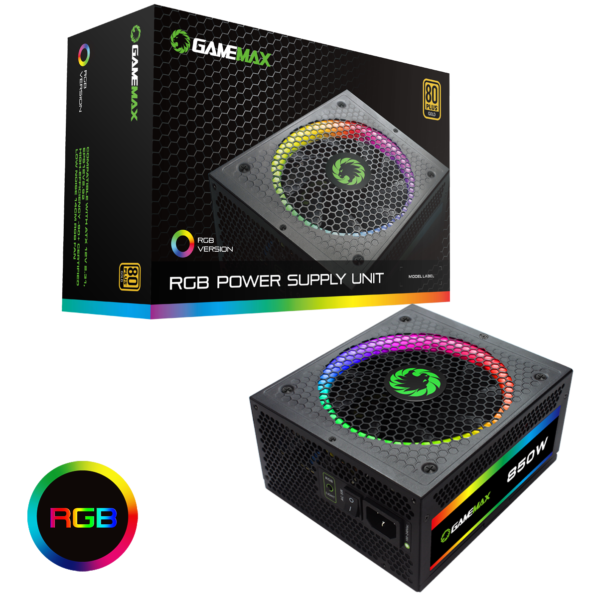 GAMEMAX Power Supply 850W Fully Modular 80+ Gold Certified with Addressable  RGB Light Mode, RGB-850